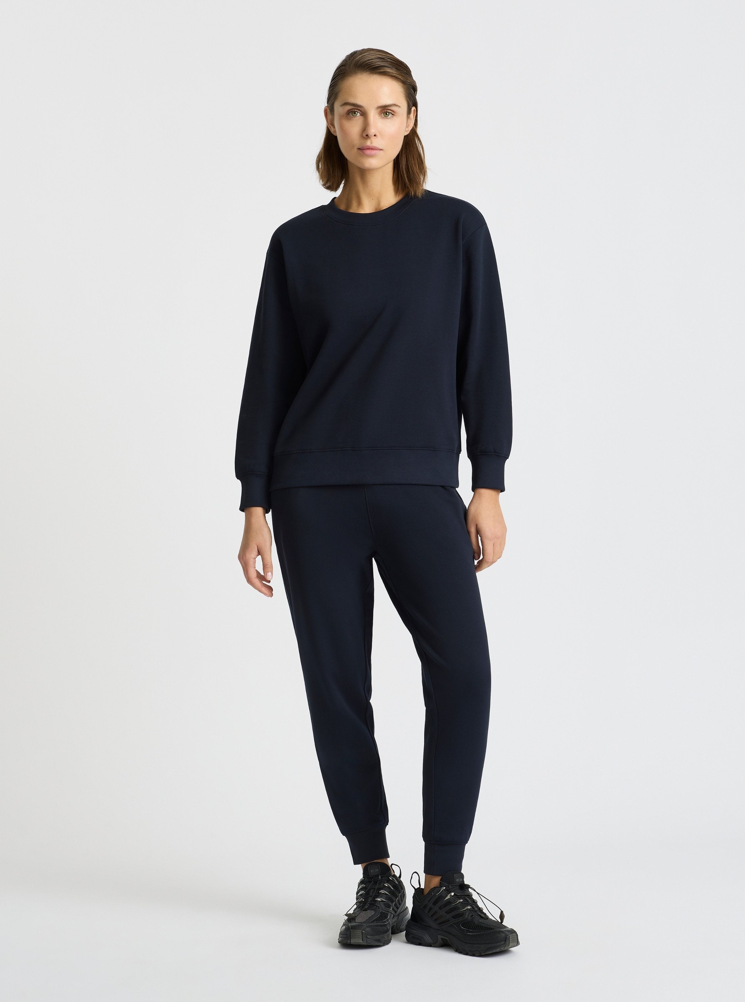 Navy|Good Earth Cotton® Sweatshirts – Sustainable Cotton Sweatshirts|Stas is 5'10" and wearing a size S
