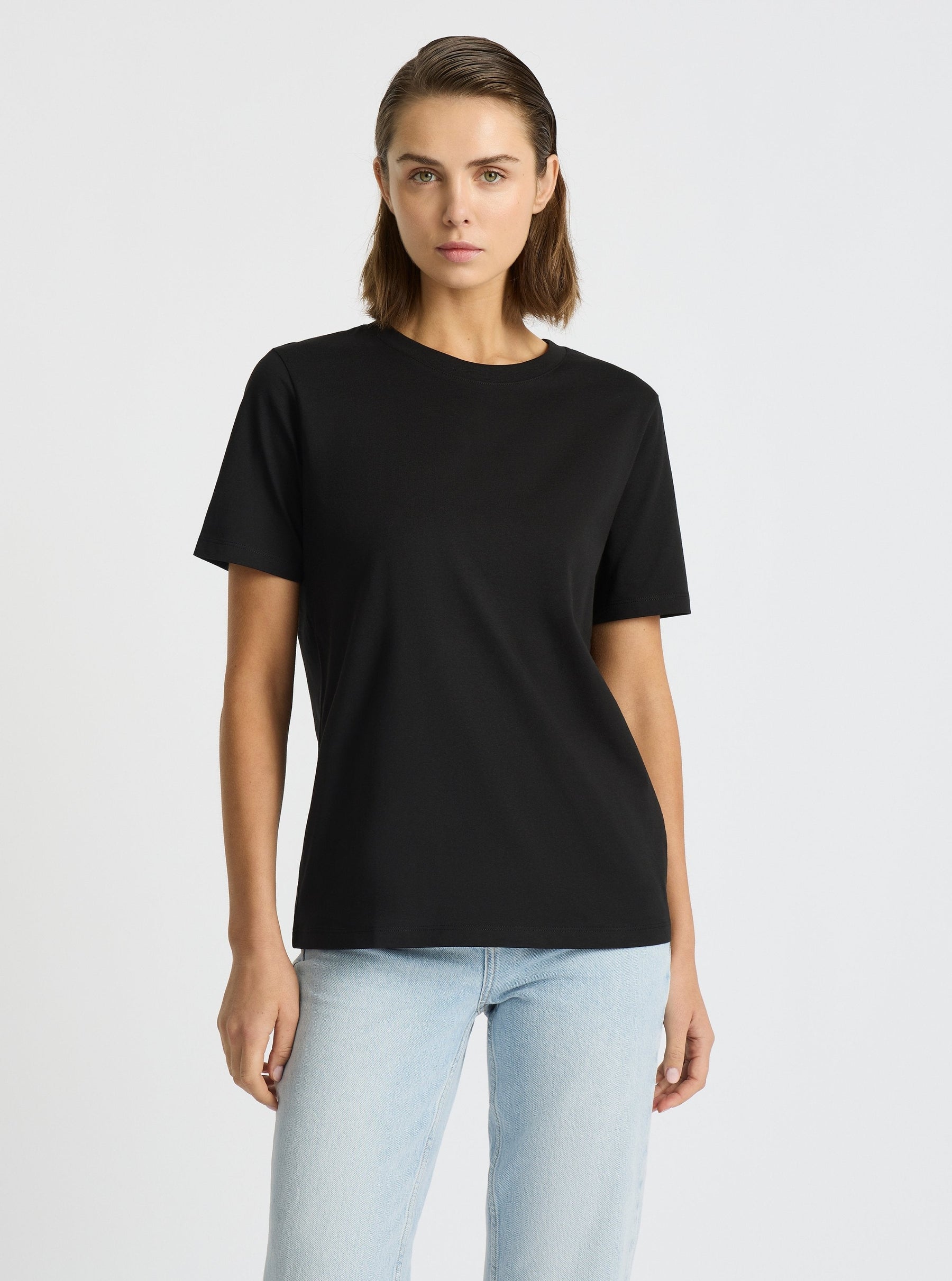 Black|Good Earth Cotton® Classic Tee – Sustainable Cotton T-shirts|Stas is 5'10" and wearing a size S