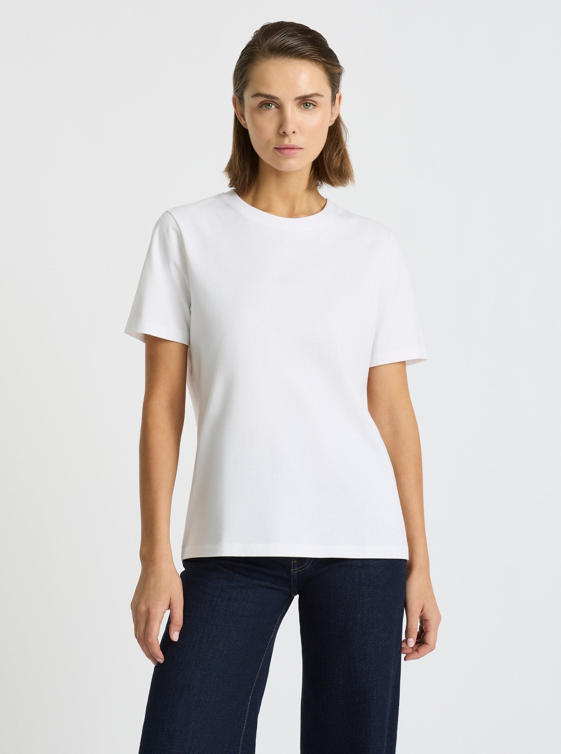 White|Good Earth Cotton® Classic Tee – Sustainable Cotton T-shirts|Stas is 5'10" and wearing a size S