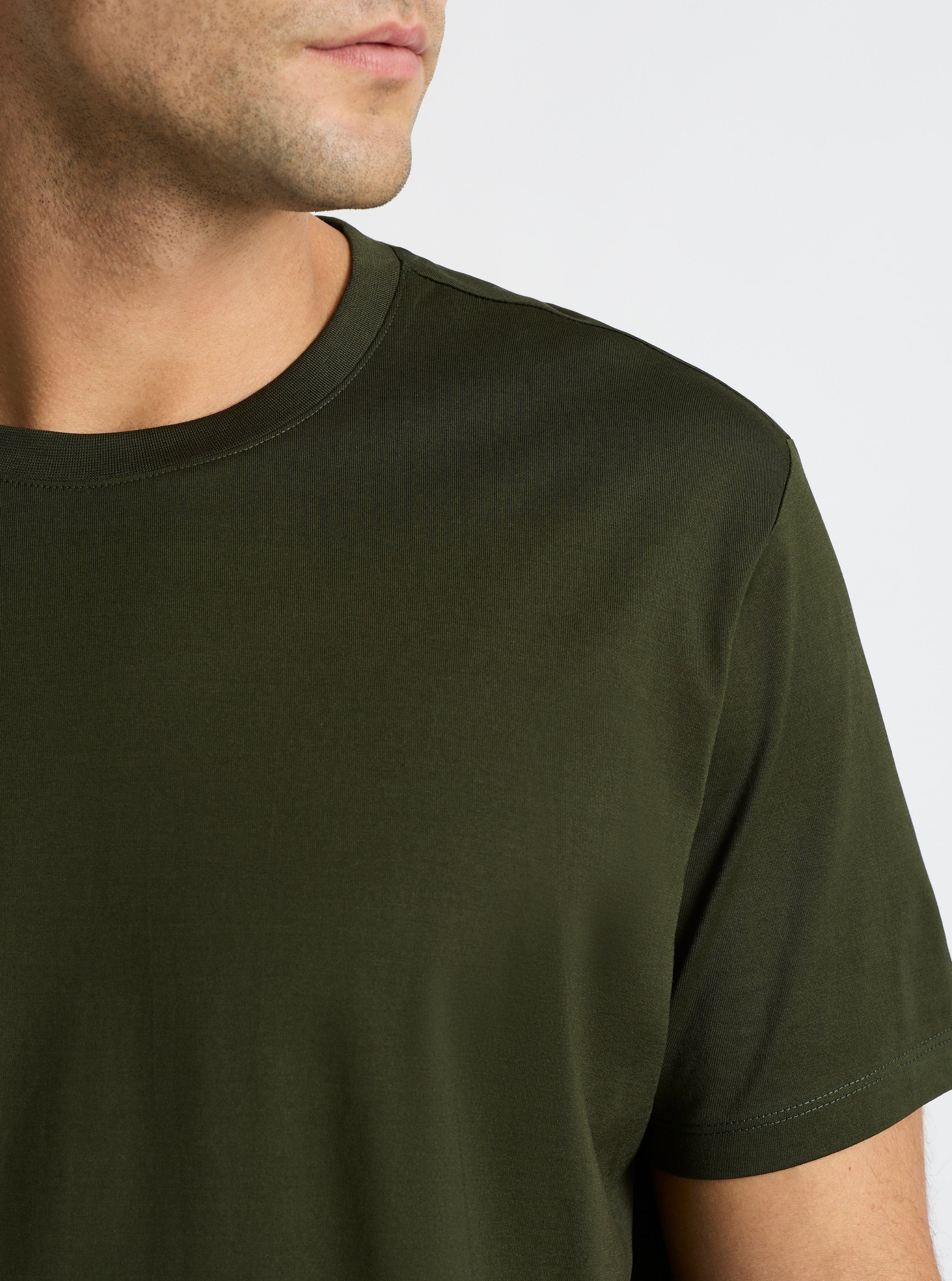 Army Green|Supima® Mercerised Crew Tee for men – premium soft cotton t-shirt|Jack is 6’2” and wearing a size L