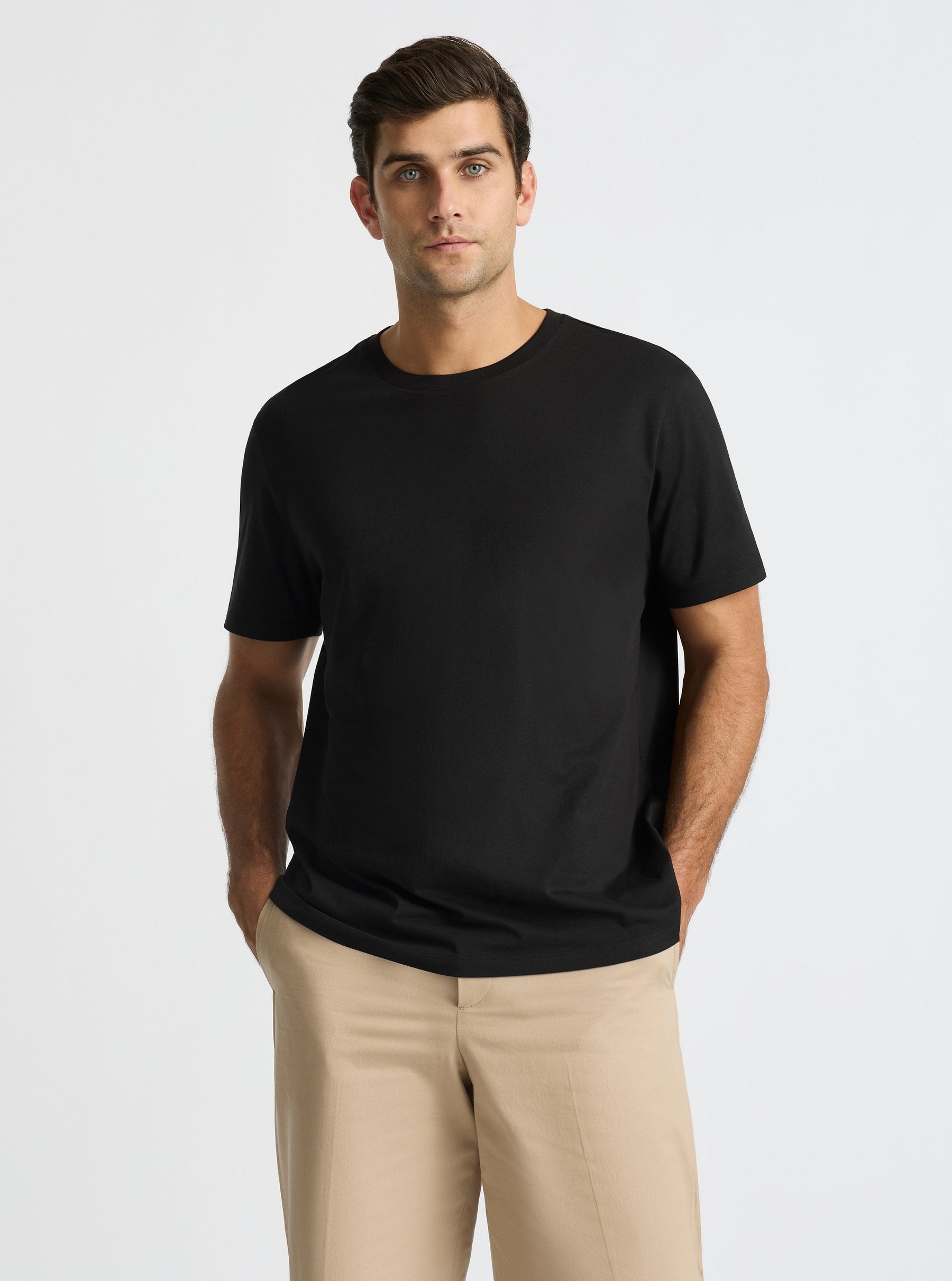Black|Supima® Mercerised Crew Tee for men – premium soft cotton t-shirt|Jack is 6’2” and wearing a size L