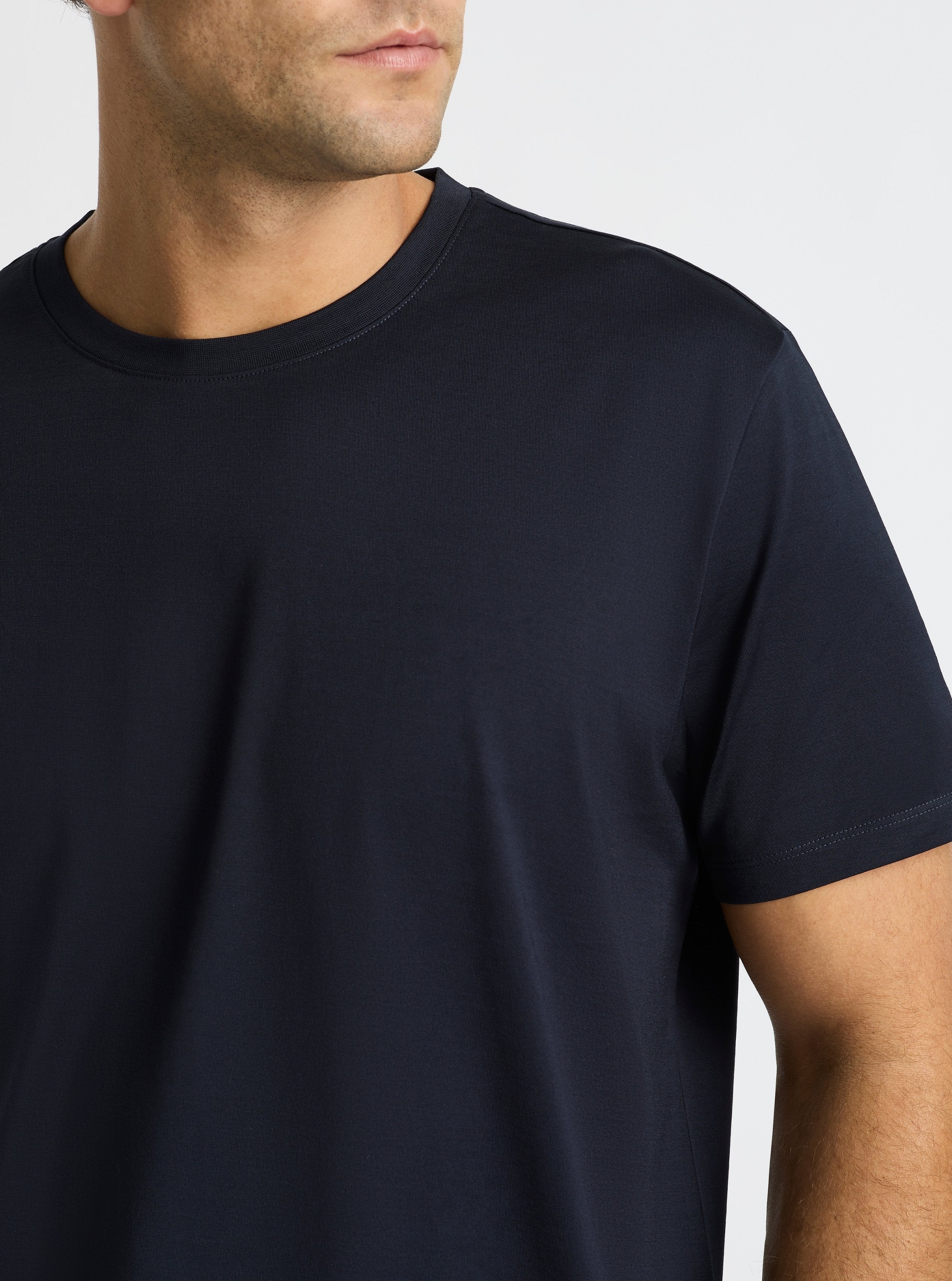 Dark Navy|Supima® Mercerised Crew Tee for men – premium soft cotton t-shirt|Jack is 6’2” and wearing a size L