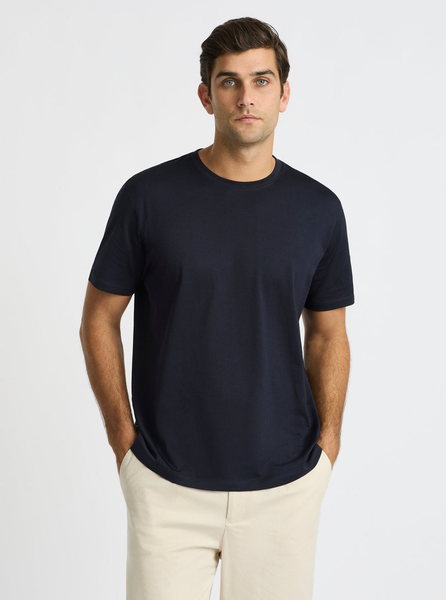 Dark Navy|Supima® Mercerised Crew Tee for men – premium soft cotton t-shirt|Jack is 6’2” and wearing a size L