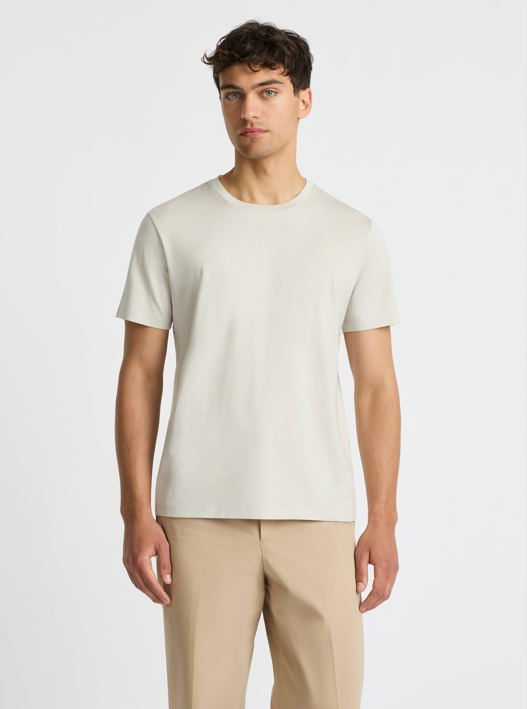 Light Grey|Supima® Mercerised Crew Tee for men – premium soft cotton t-shirt|Evans is 6’2” and wearing a size M