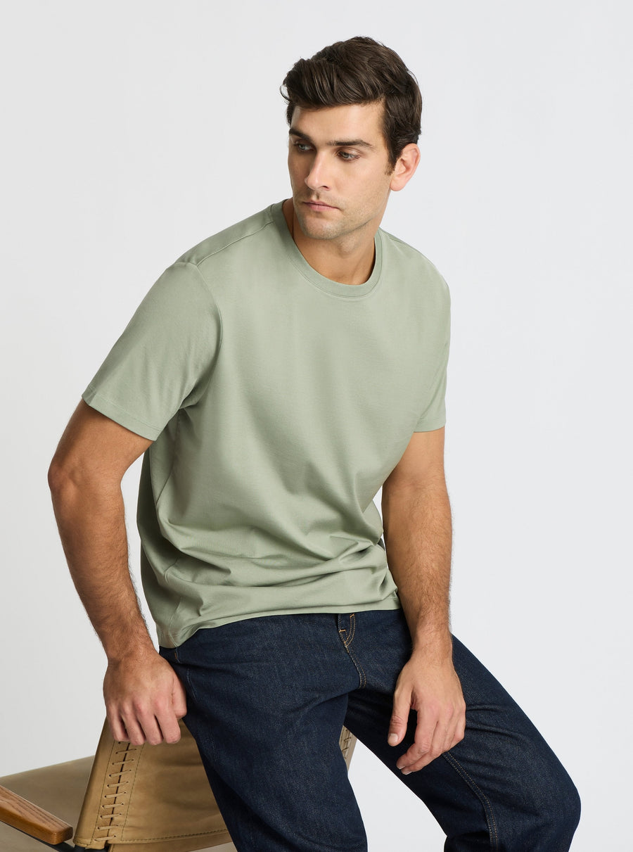 Sage Green|Supima® Mercerised Crew Tee for men – premium soft cotton t-shirt|Jack is 6’2” and wearing a size L