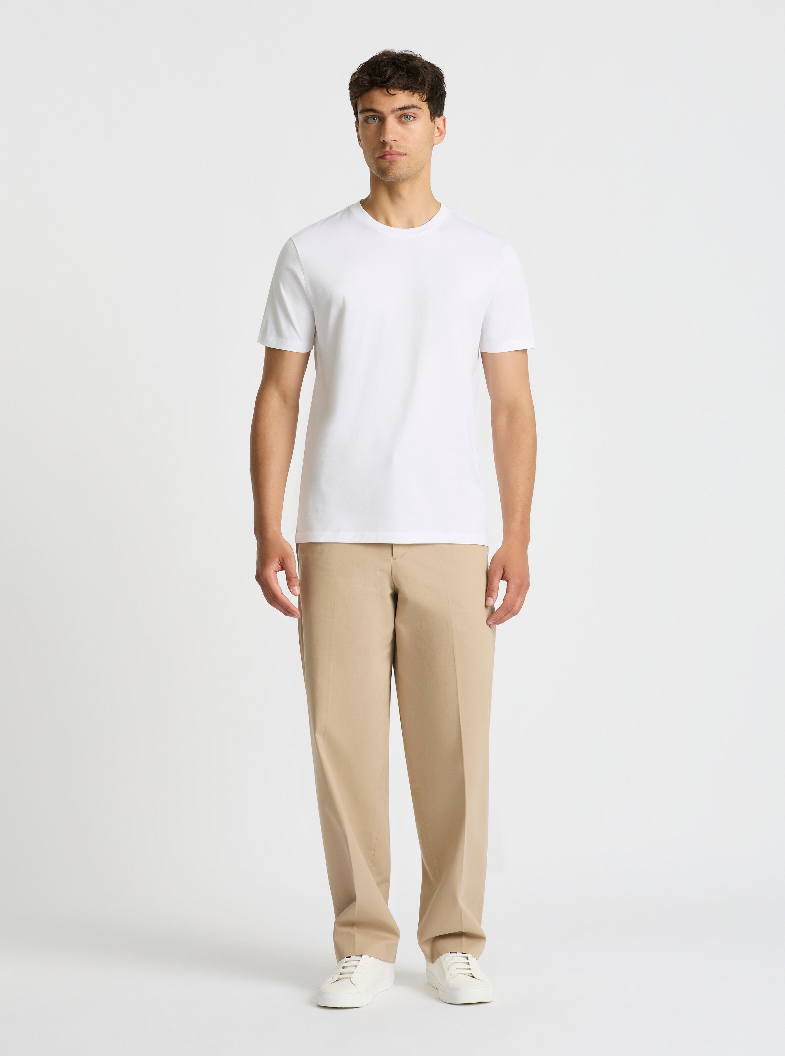 White|Supima® Mercerised Crew Tee for men – premium soft cotton t-shirt|Evans is 6’2” and wearing a size M