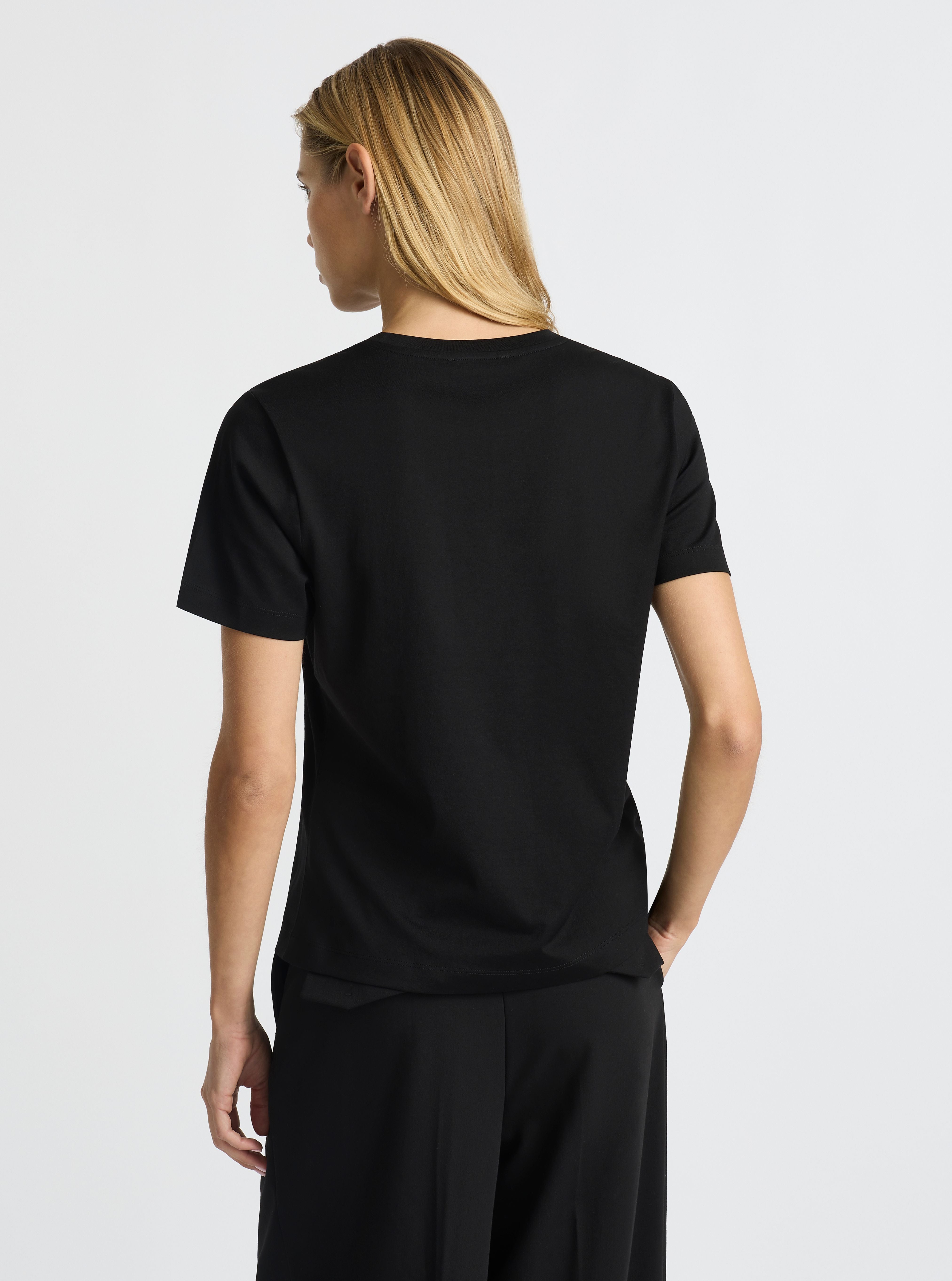 Black|Supima® Mercerised Crew Tee for women – premium soft cotton t-shirt|Karolina is 5'10" and wearing a size S
