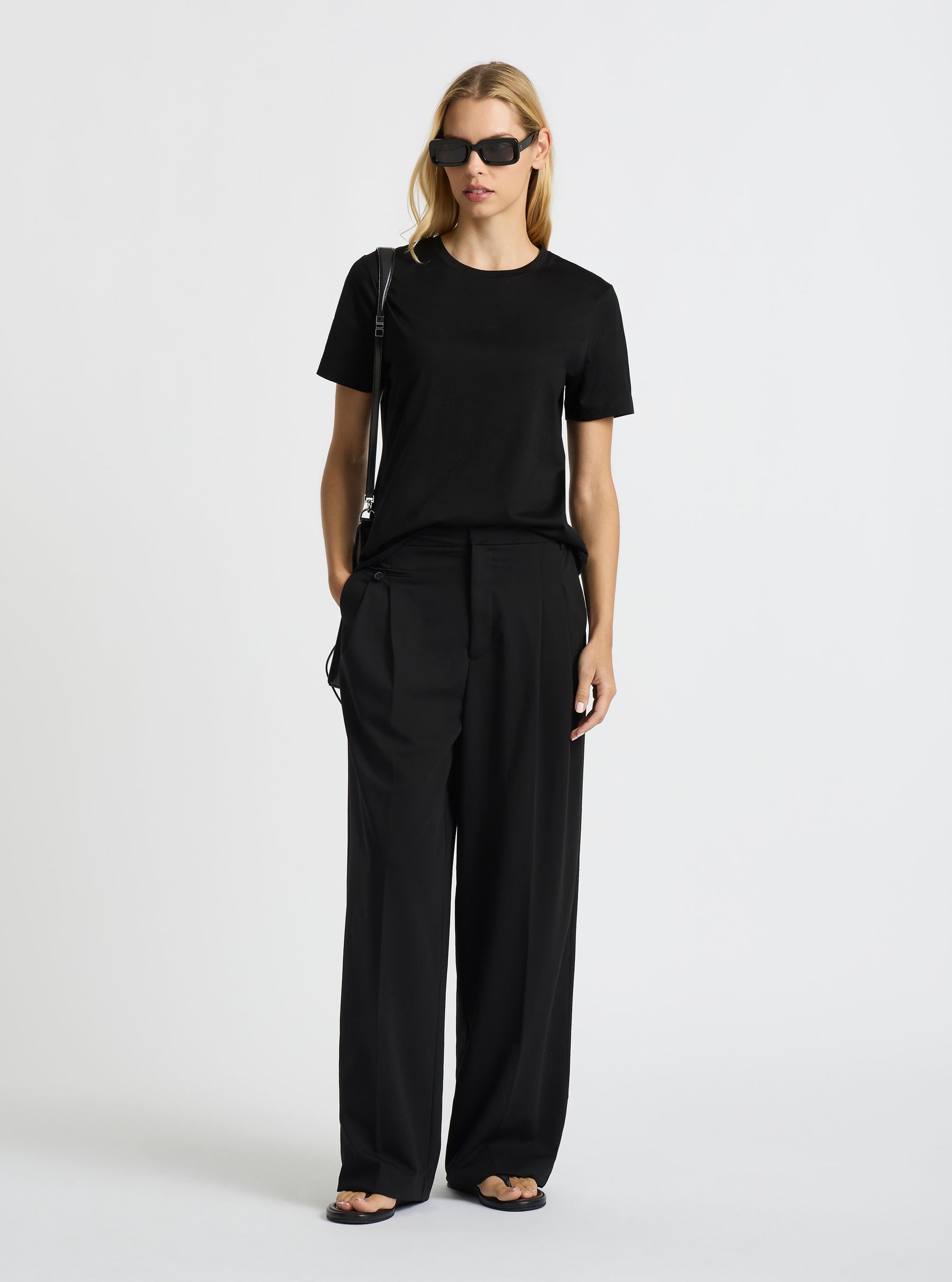 Black|Supima® Mercerised Crew Tee for women – premium soft cotton t-shirt|Karolina is 5'10" and wearing a size S