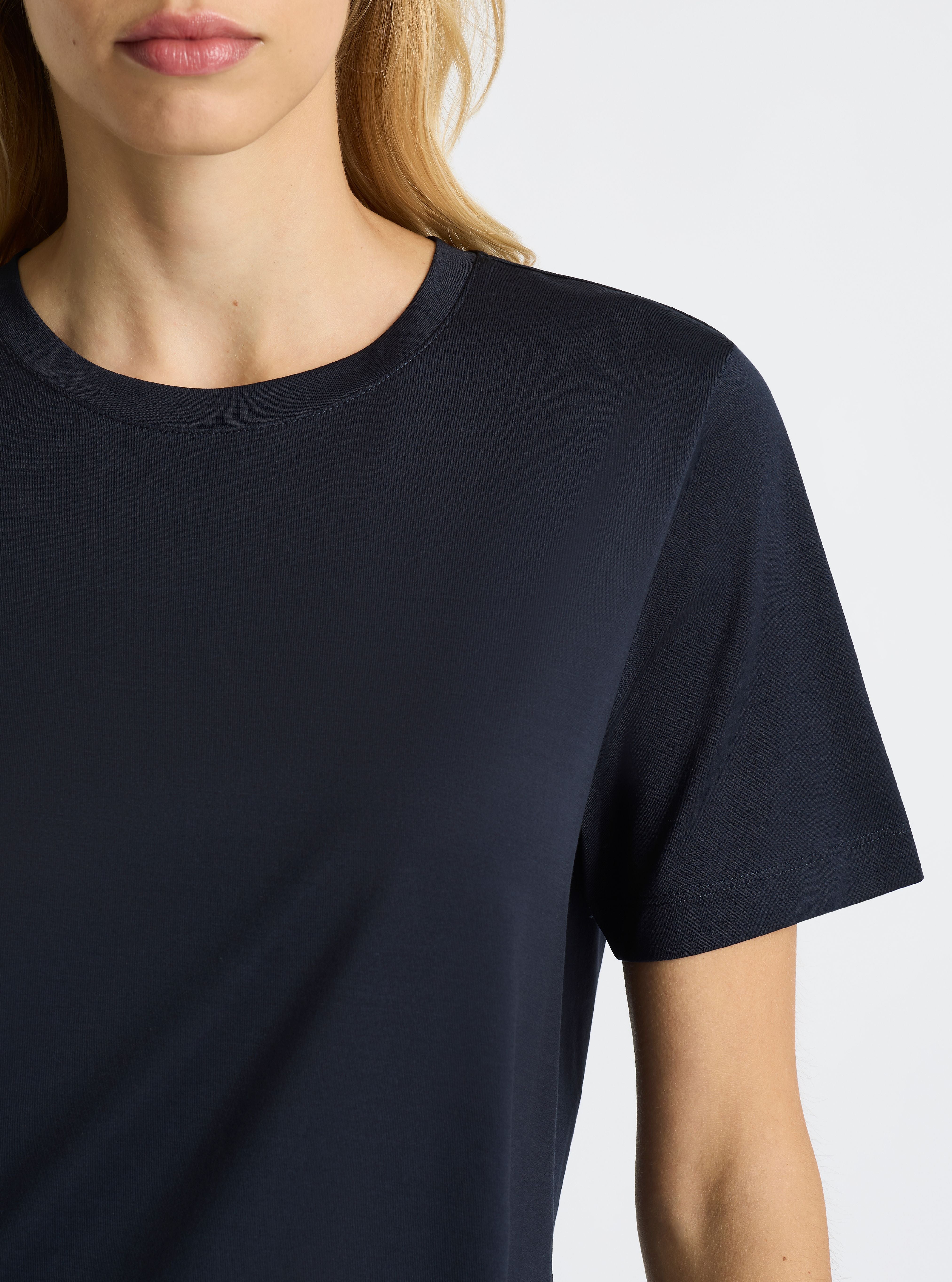 Dark Navy|Supima® Mercerised Crew Tee for women – premium soft cotton t-shirt|Karolina is 5'10" and wearing a size S