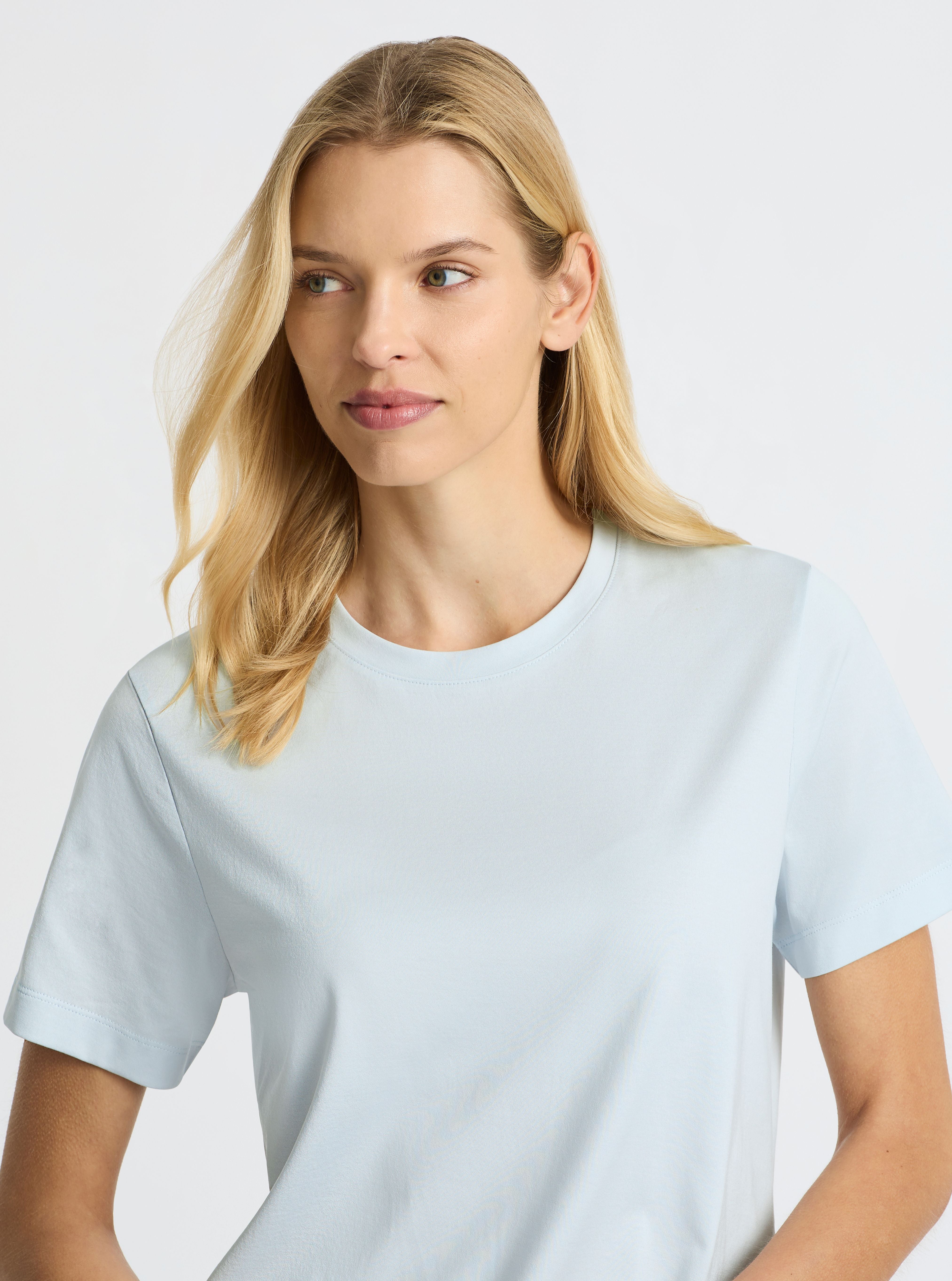 Light Blue|Supima® Mercerised Crew Tee for women – premium soft cotton t-shirt|Karolina is 5'10" and wearing a size S