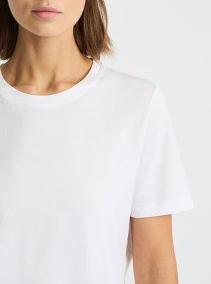 White|Supima® Mercerised Crew Tee for women – premium soft cotton t-shirt|Stas is 5'10" and wearing a size S