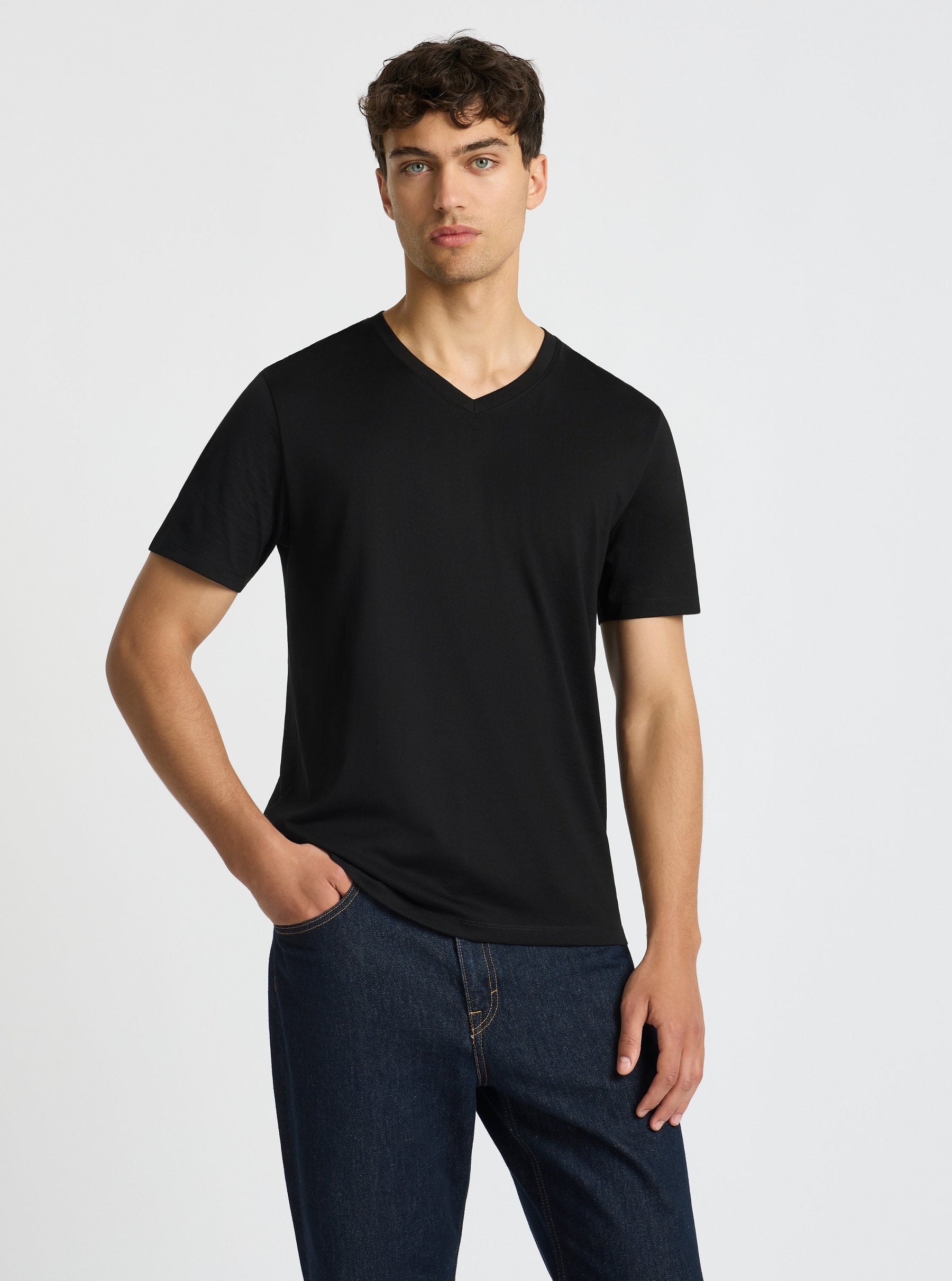 Black|Supima® Mercerised V-neck Tee for men – premium soft cotton t-shirt|Evans is 6’2” and wearing a size M