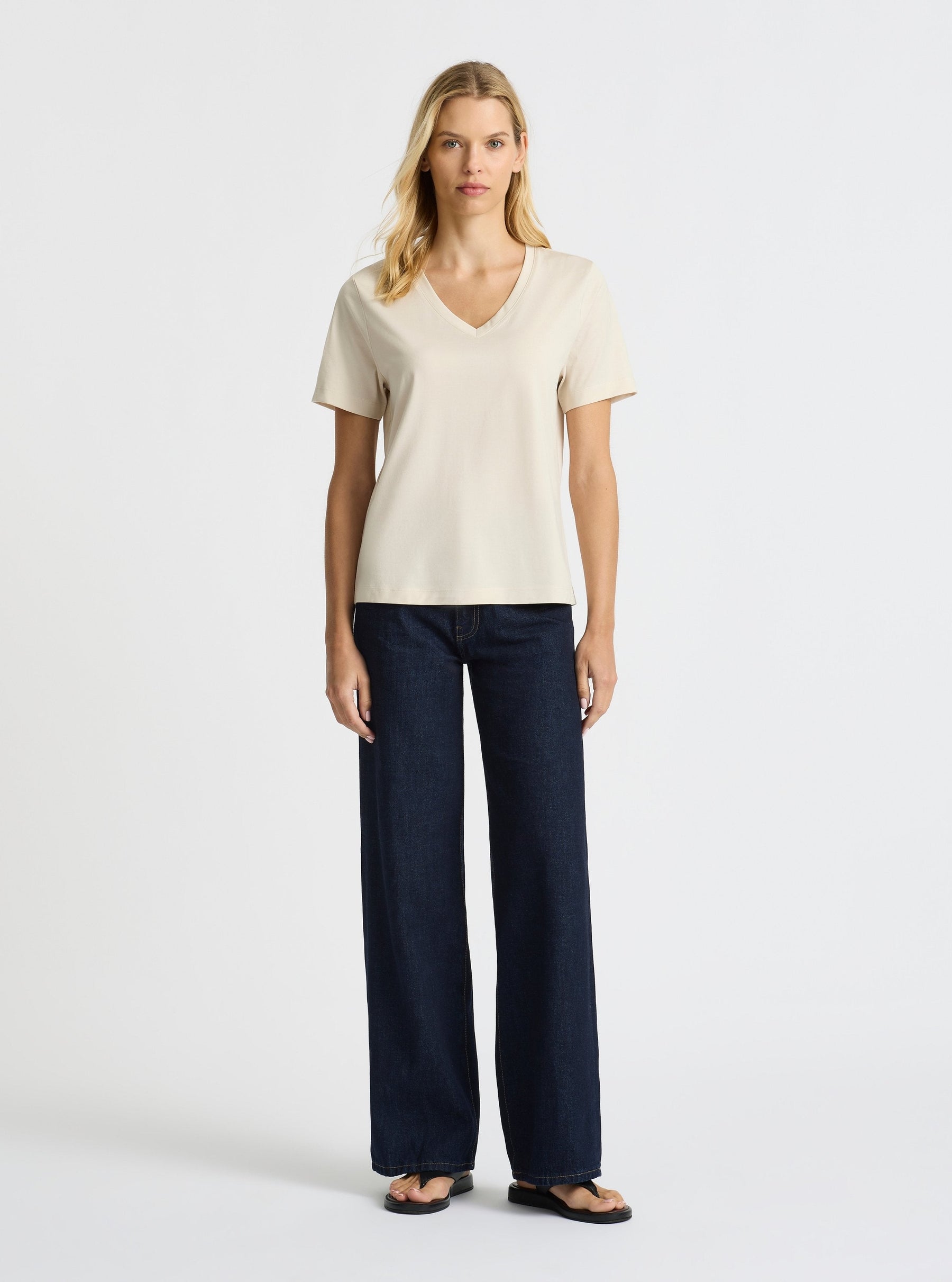 Beige|Supima® Mercerised V-neck Tee for women – premium soft cotton t-shirt|Karolina is 5'10" and wearing a size S