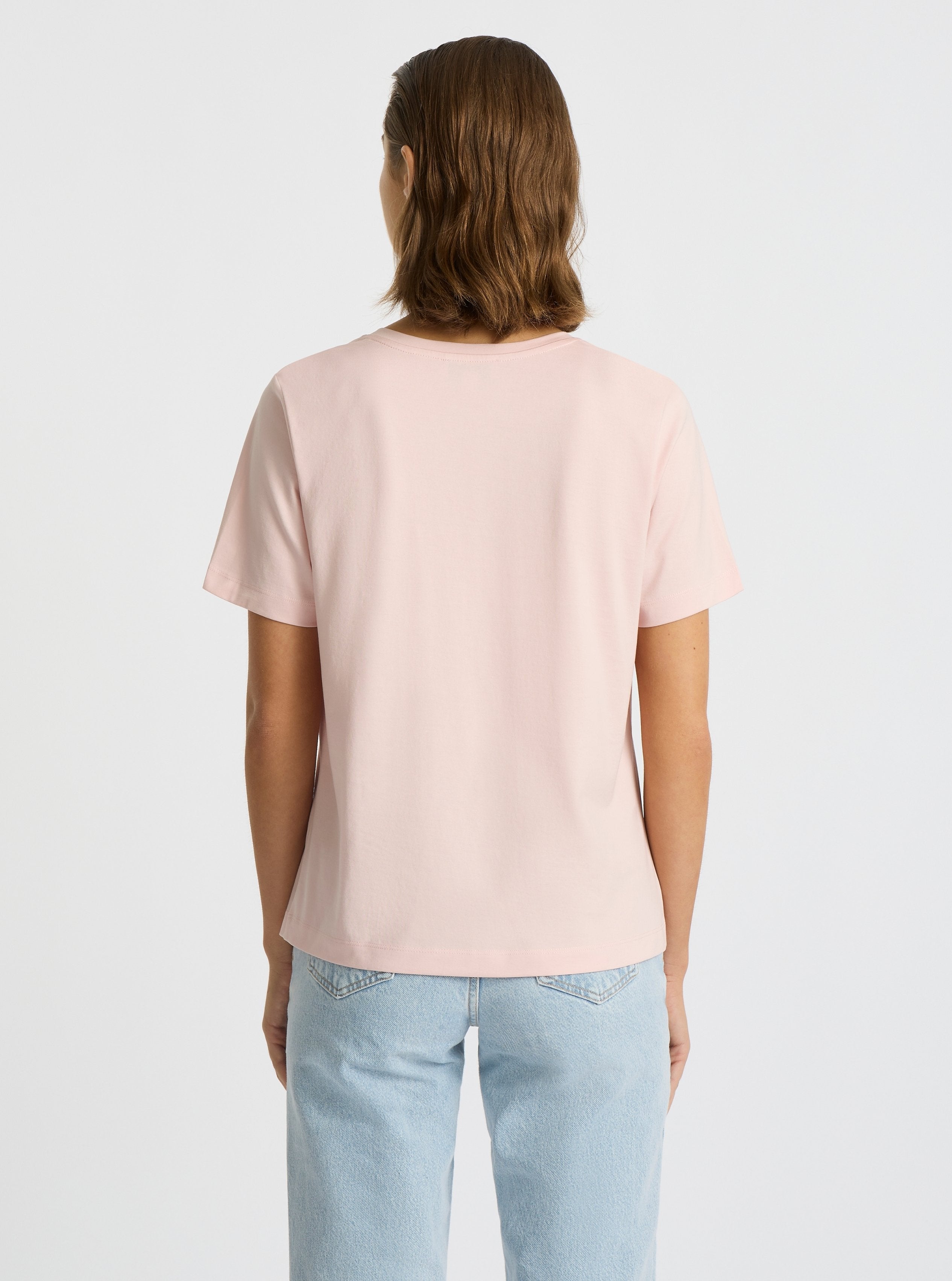 Blush|Supima® Mercerised V-neck Tee for women – premium soft cotton t-shirt|Stas is 5'10" and wearing a size S