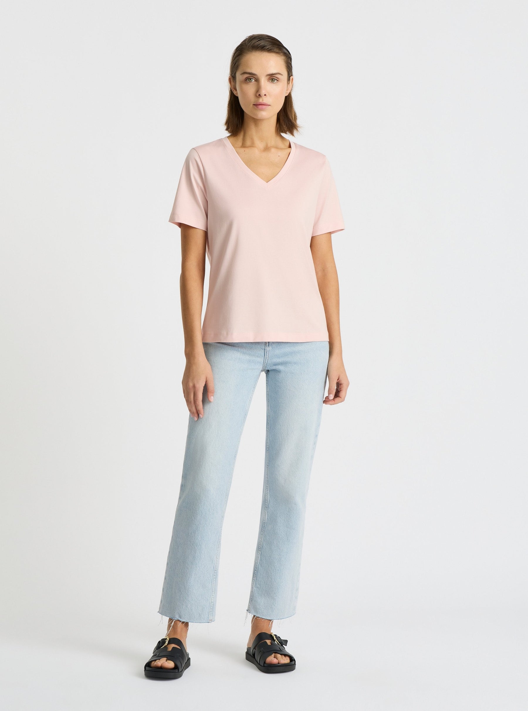 Blush|Supima® Mercerised V-neck Tee for women – premium soft cotton t-shirt|Stas is 5'10" and wearing a size S