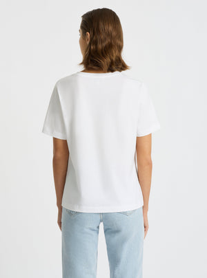 White|Supima® Mercerised V-neck Tee for women – premium soft cotton t-shirt|Stas is 5'10" and wearing a size S